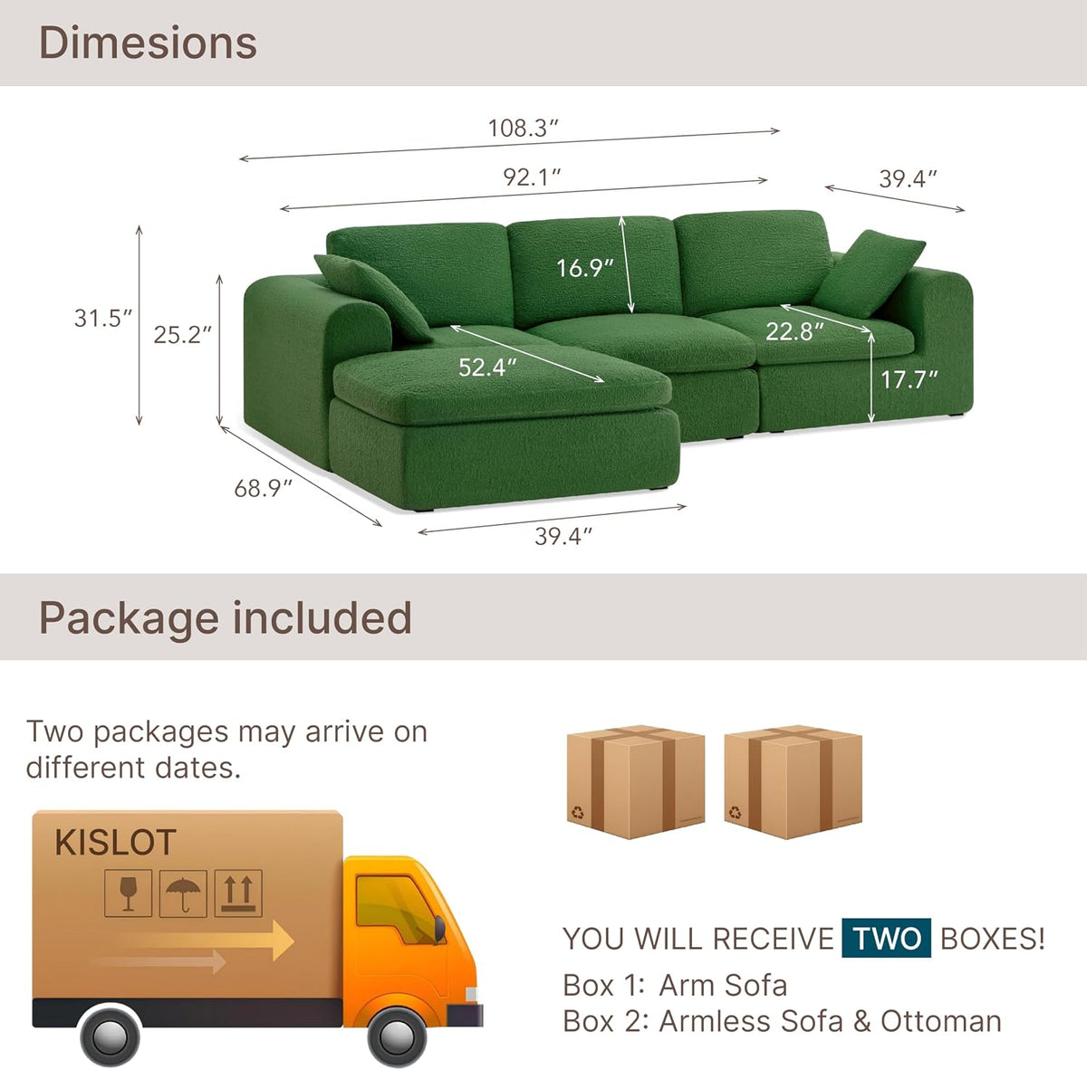 KISLOT 108" Cloud Couch,Sectional No Assembly Required,Modular Sofa with Deep Seat for Living Room,L Shaped Couch with Ottoman Snowflake Fabric and Memory Sponge,Green