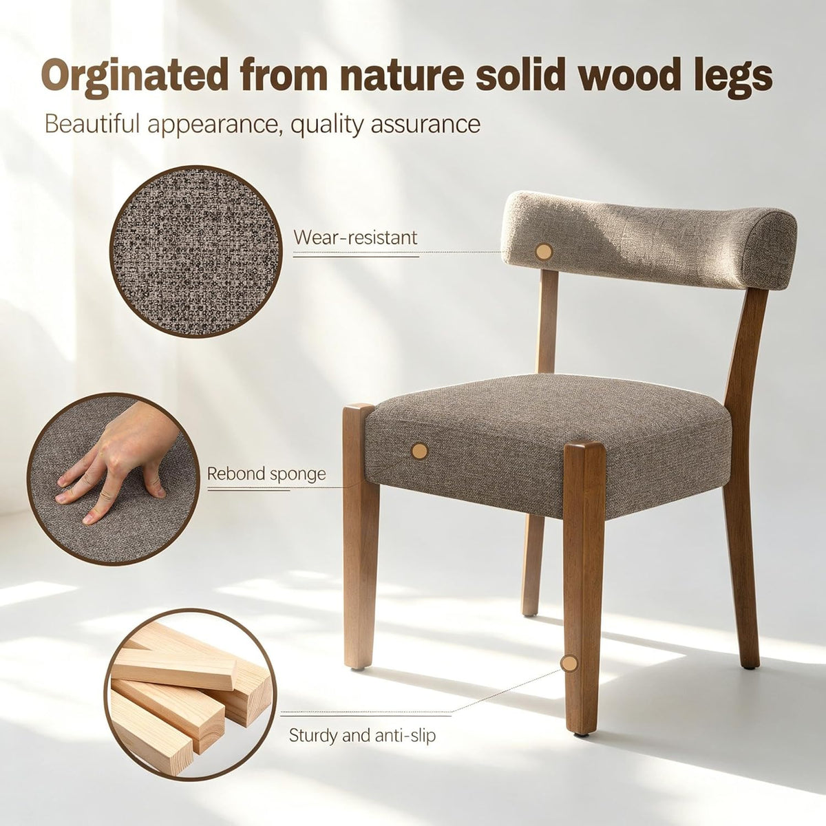 RNKSFX Upholstered Dining Chairs Set of 6, Walnut Wooden Kitchen & Dining Room Chairs, Mid Century Modern Fabric Farmhouse Dining Chairs Oversized Sturdy Rounded Chairs Curved Back, Tan Brown