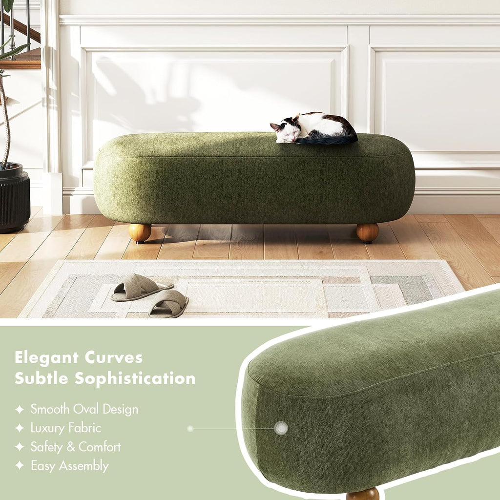 Hyfirm 54" Green Chenille Upholstered Bench – End of Bed Ottoman with Round Solid Wood Legs, Long Oval Footstool for Entryway & Hallway, Padded Seat (No Back)
