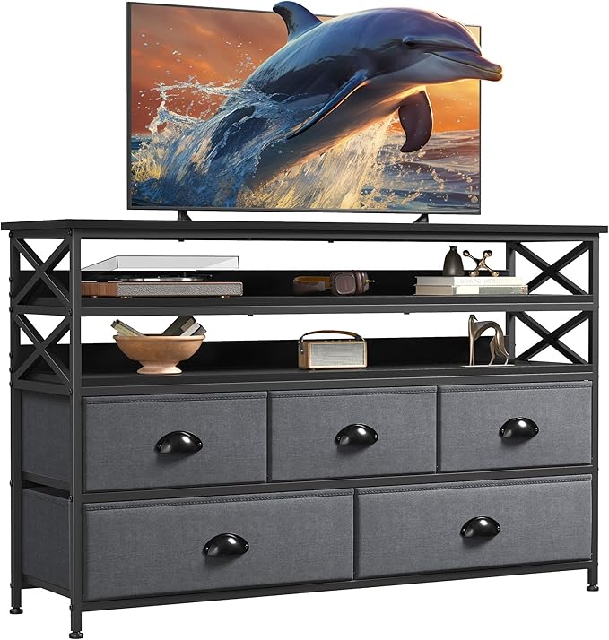 Dresser TV Stand for 50" TV, Sturdy Dresser for Bedroom with 5 Fabric Drawers and 3 Wood Open Shelves, Chest of Drawers Storage Dressers for Entryway, Closet, Grey, 11.8" D x 39.4" W x 38.4" H