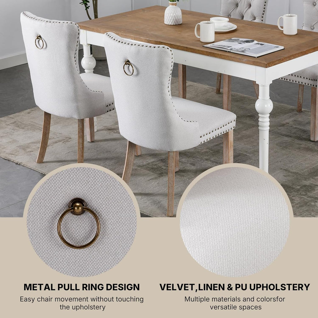 OVENTA Modern Tufted Upholstered Dining Chairs Set of 6, Beige Linen Dining Room Chair with Solid Wood Legs, Sillas de Comedor, Kitchen Chairs (Beige, Linen Set of 6)