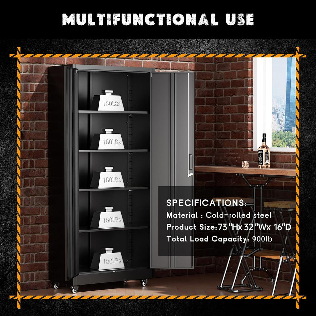 Greenvelly 73" Metal Garage Storage Cabinet with Wheels, Black Lockable Metal Cabinet with 2 Doors and 4 Adjustable Shelves, Rolling Steel Tool Organization for Garage, Home, Office, School