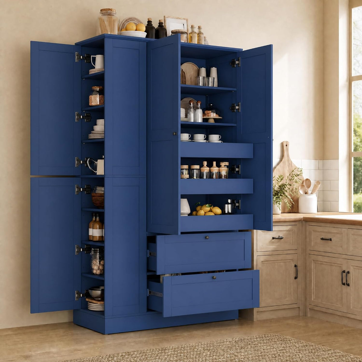 71" Tall Kitchen Pantry Storage Cabinet with 3 Pull Out Trays & 2 Large Drawers, Farmhouse Storage Cabinet Cupboard with 6 Doors and Side Cabinets, Pantry Cabinet for Kitchen, Dining Room, Blue