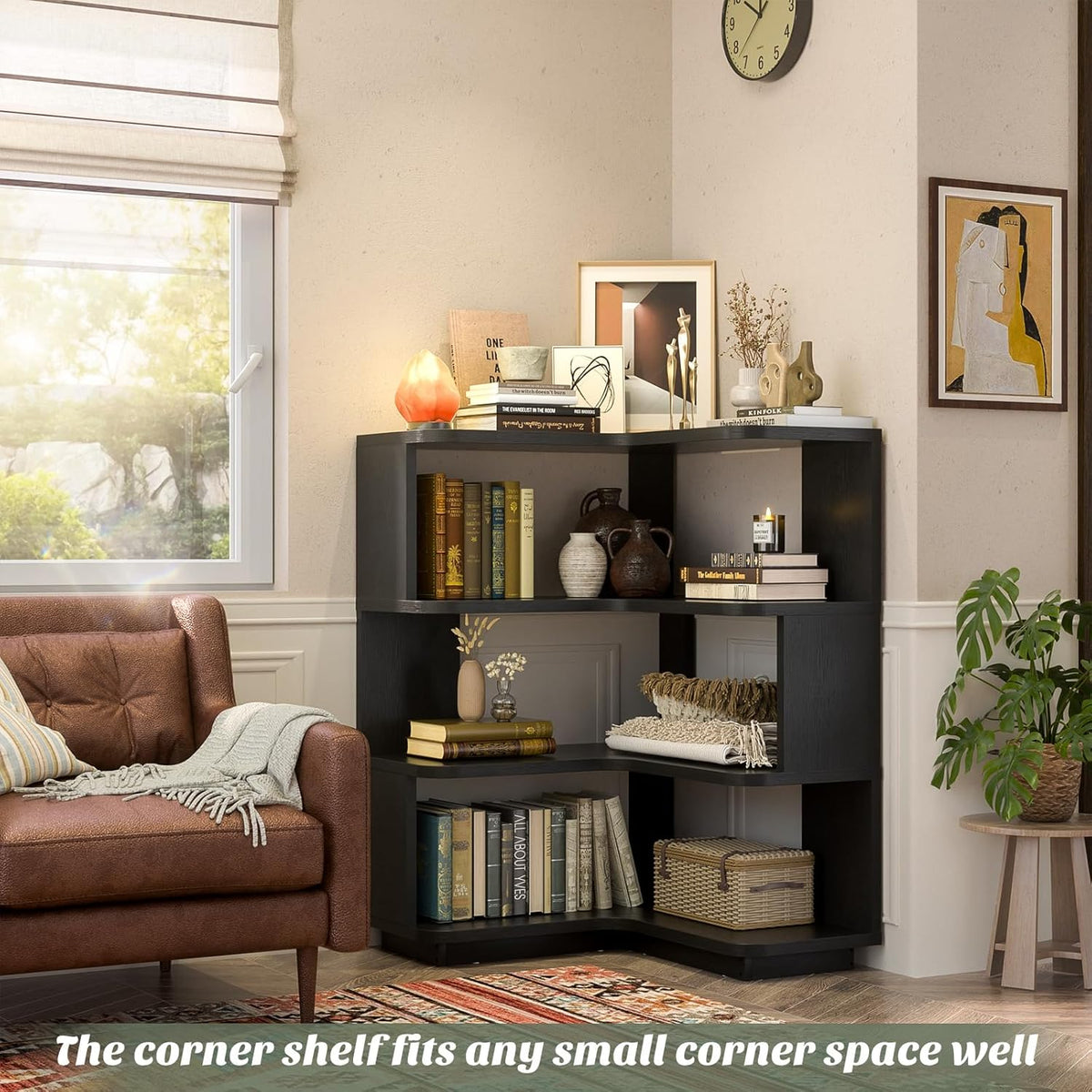 Armocity Corner Book Shelf, 4-Shelf L Shaped Corner Bookshelf with Baffle