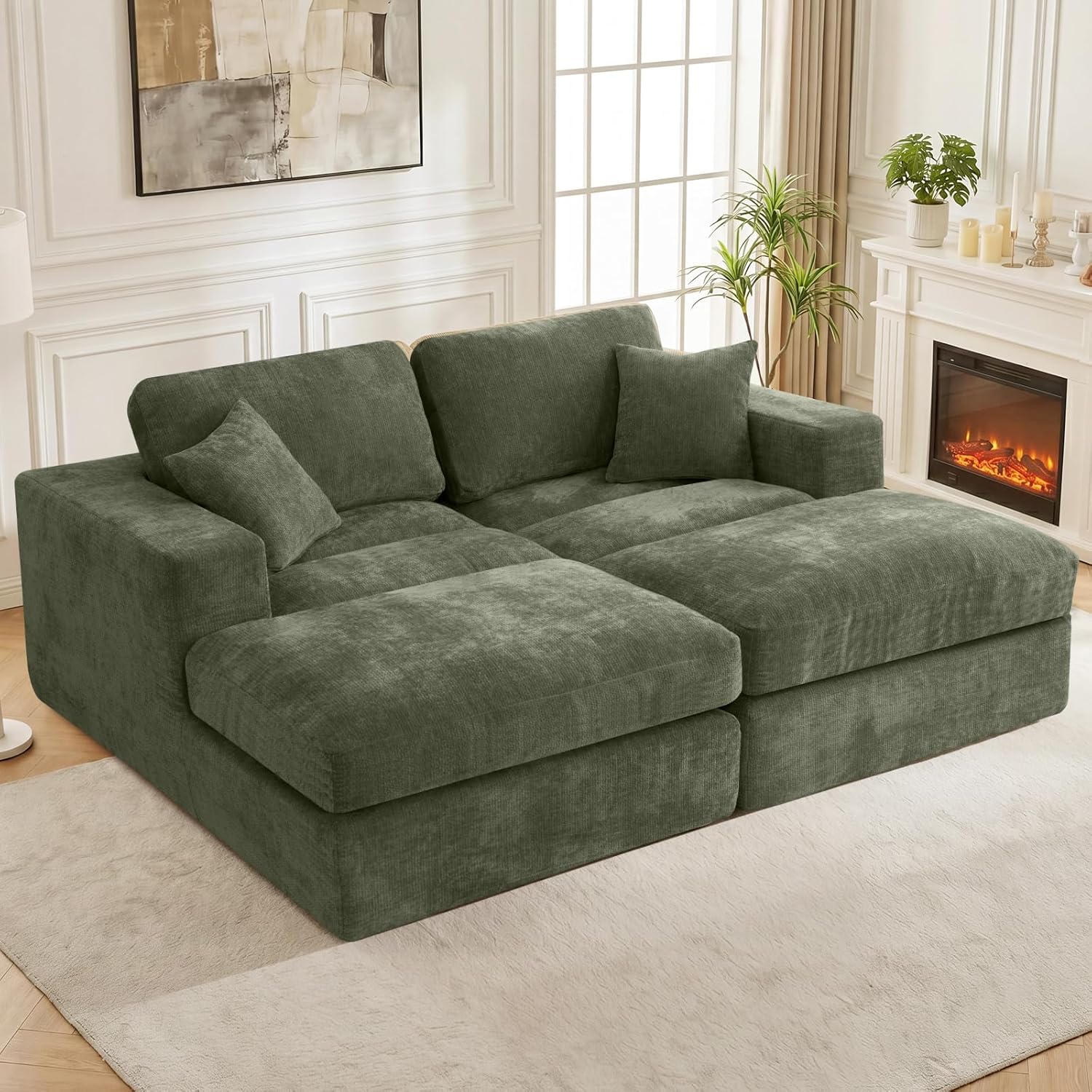 80.7" Oversized Double Chaise Lounge Chair Indoor, Cloud Sleeper Sofa Bed with 4 Pillows, Extra Deep Seat Cozy Loveseat Couch for Living Room Bedroom, No Assembly Required (Green)