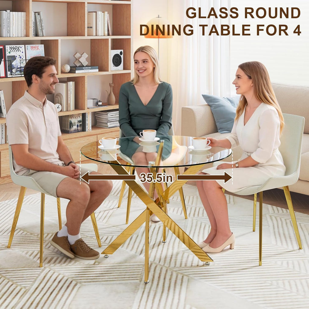 Zevemomo 35.5" Glass Dining Table for 4, Round Coffee Table with Tempered Glass Top Gold Mental Legs, Modern Circle Glass Dinner Kitchen Table for Apartment Home Office