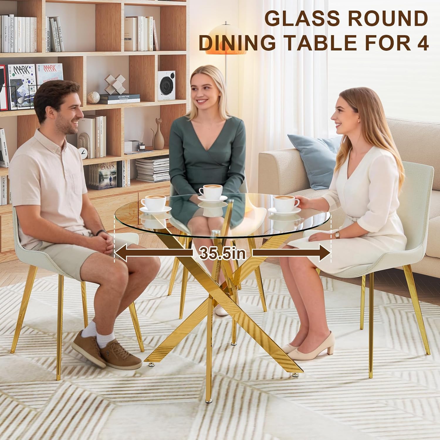 Zevemomo 35.5" Glass Dining Table for 4, Round Coffee Table with Tempered Glass Top Gold Mental Legs, Modern Circle Glass Dinner Kitchen Table for Apartment Home Office
