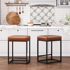 ALPHA HOME 24 Inch Counter Height Bar Stools Set of 3, Brown | Modern Barstools, Metal Bar Stool for Kitchen Island, Faux Leather Countertop Stools