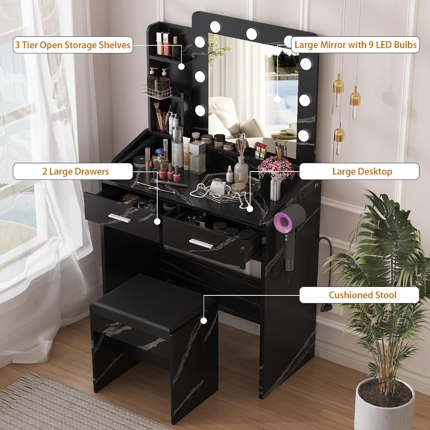 Patikuin Vanity Desk with Mirror and Lights for Bedroom, Marble Black Modern Makeup Table with 2 Drawers, 3 Light Modes & Dimmable LED, Includes Stool