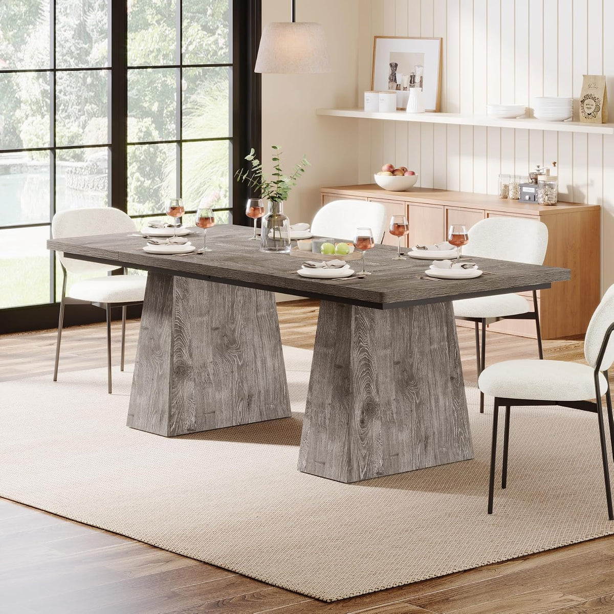 Tribesigns Dining Table for 6, Farmhouse Wood Dinner Rectangular Table Kitchen Table with Double Pedestal, 63" L x 31.5" W x 30" H, Grey