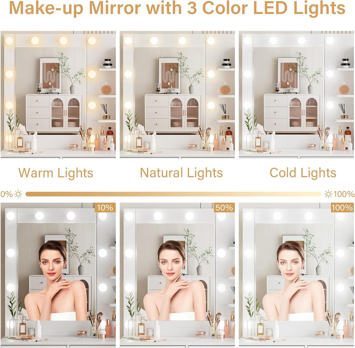 YIKEHOME Makeup Vanity Desk with Mirror Lights | LED Lights Power Outlet Vanity Table Set Large Drawers Charging Station Bedroom Dressing Room White