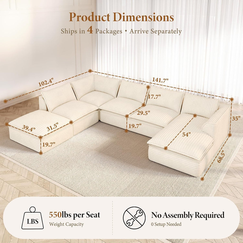 Vesgantti 7 Seater Plush Corduroy Couch, 141.7" Large Sofa, Beige | Oversized Modular Sectional Couch with Chaise & Ottoman, Deep Seat Cloud Sofa for Living Room, No Assembly Compressed Sofa