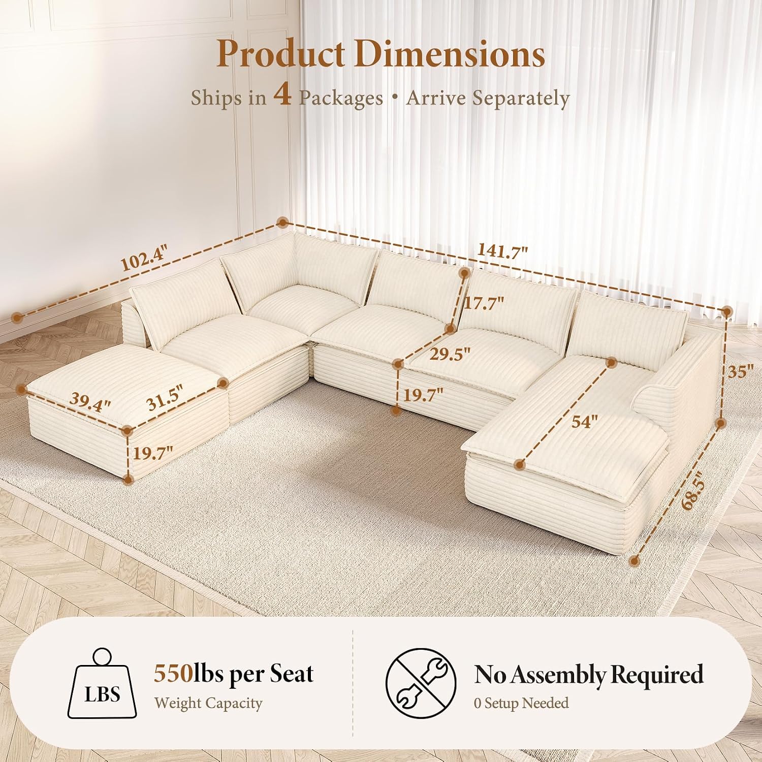 Vesgantti 7 Seater Plush Corduroy Couch, 141.7" Large Sofa, Beige | Oversized Modular Sectional Couch with Chaise & Ottoman, Deep Seat Cloud Sofa for Living Room, No Assembly Compressed Sofa