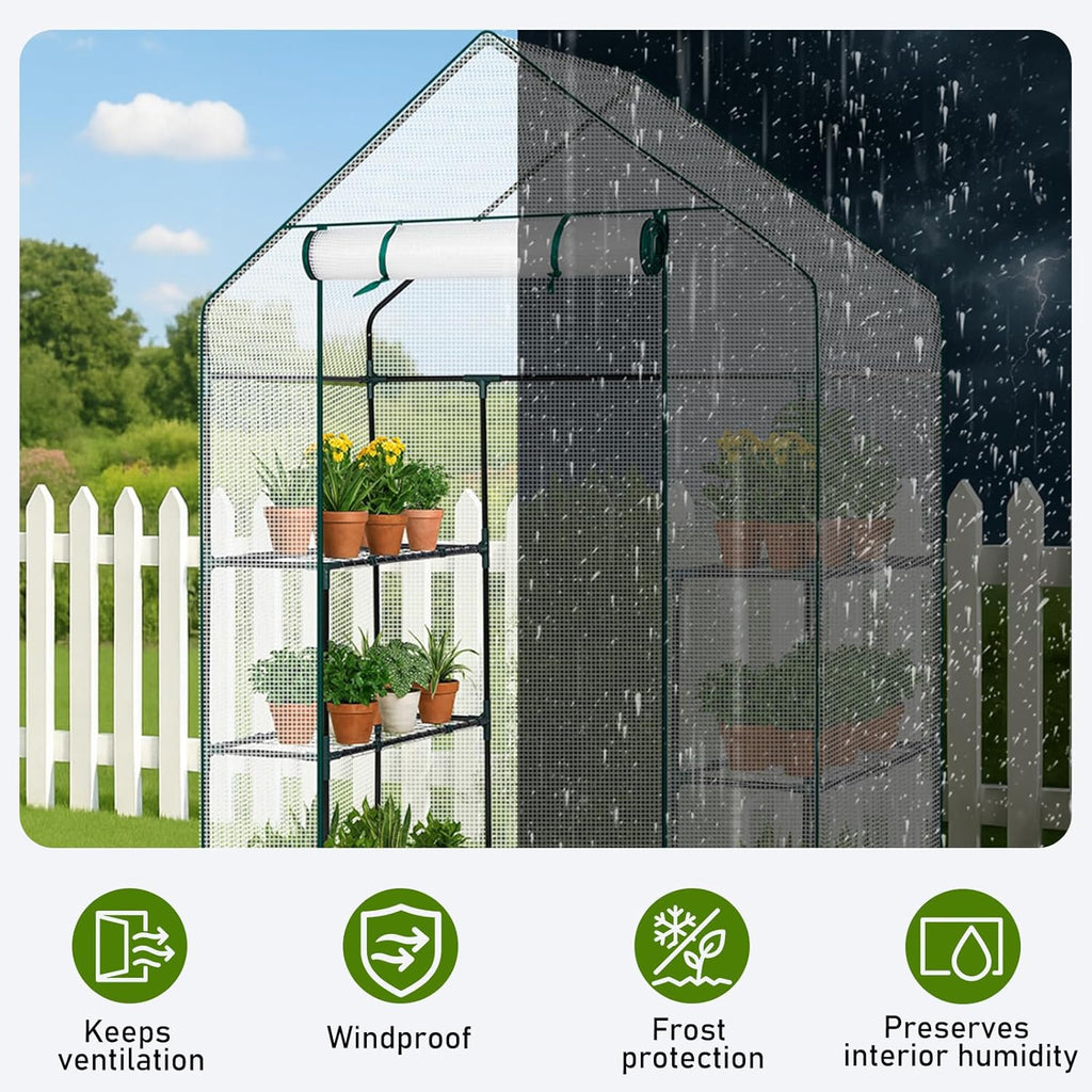 Outvita Walk-in Greenhouse, Outdoor Durable PE Plant Green House for Frost Protection with 3 Tiers 4 Shelves, Shelf Clips, Roll-up Zipper Door, 56"x29"x77" White