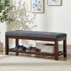 Shoe Bench Entryway, 44" End of Bed Bench,Upholstered Linen Bench for Living Room,Fabric Ottoman Bench with Solid Wood Shelf for Bedroom, Entrance Darkgrey