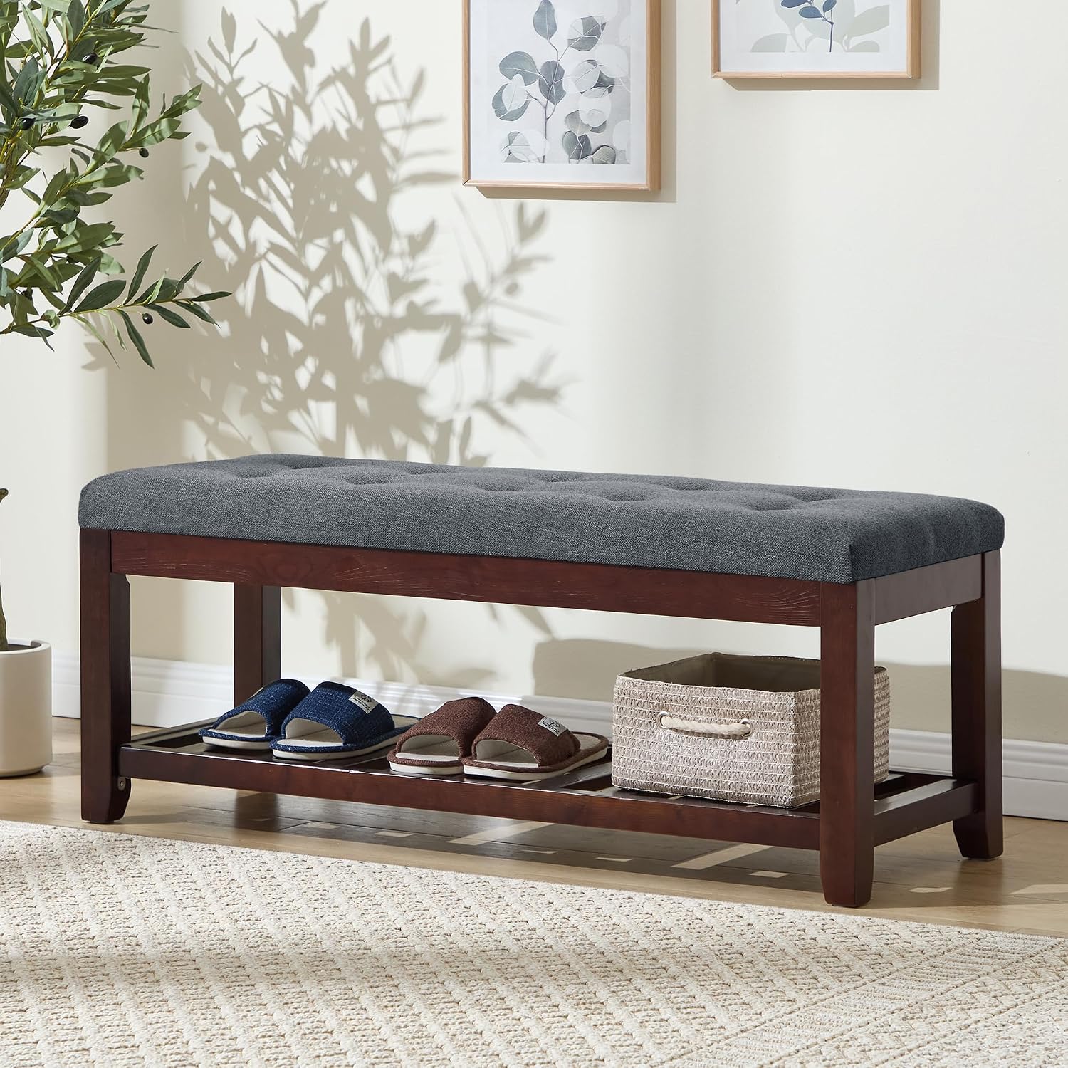 Shoe Bench Entryway, 44" End of Bed Bench,Upholstered Linen Bench for Living Room,Fabric Ottoman Bench with Solid Wood Shelf for Bedroom, Entrance Darkgrey