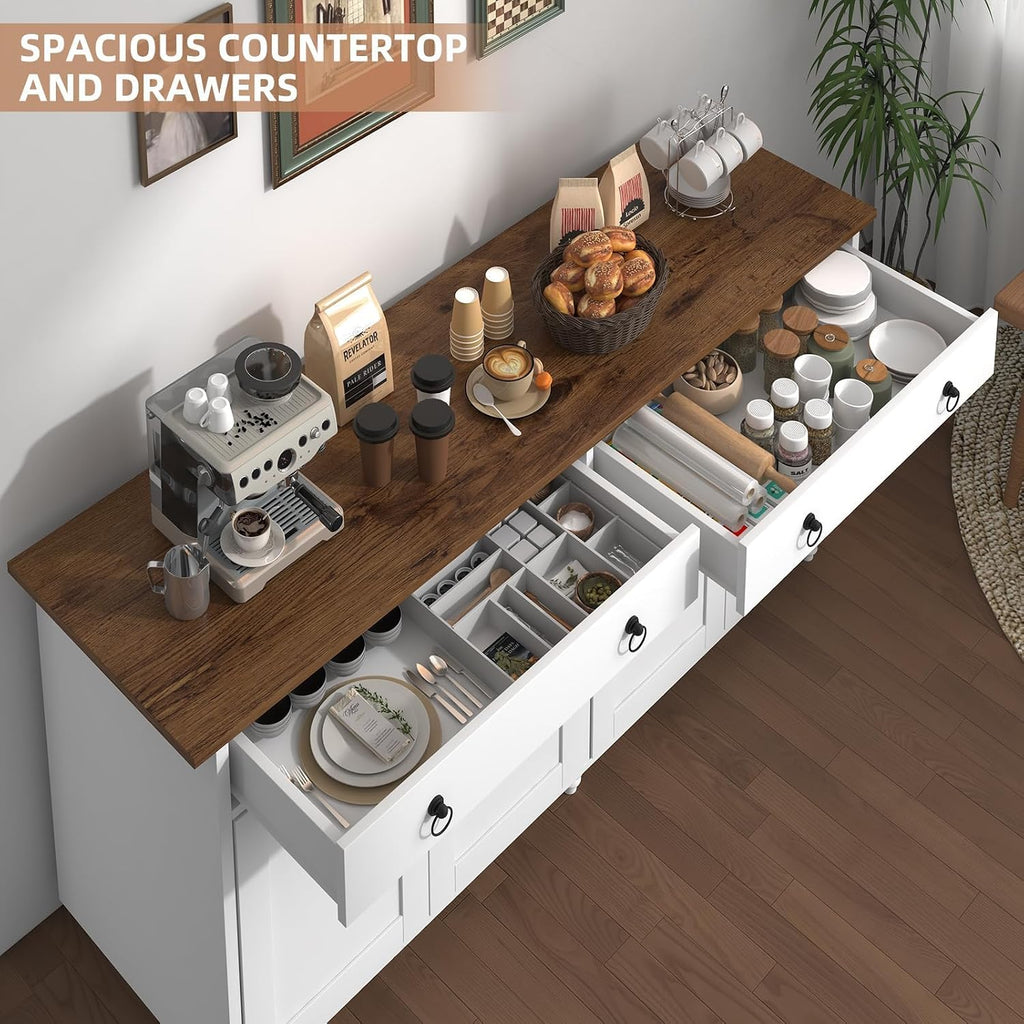 4 EVER WINNER Buffet Cabinet with Storage, 55'' Sideboard Buffet Cabinet with 2 Drawers, Coffee Bar Cabinet with 4 Doors, Kitchen Buffet Cabinet for Living Room, White