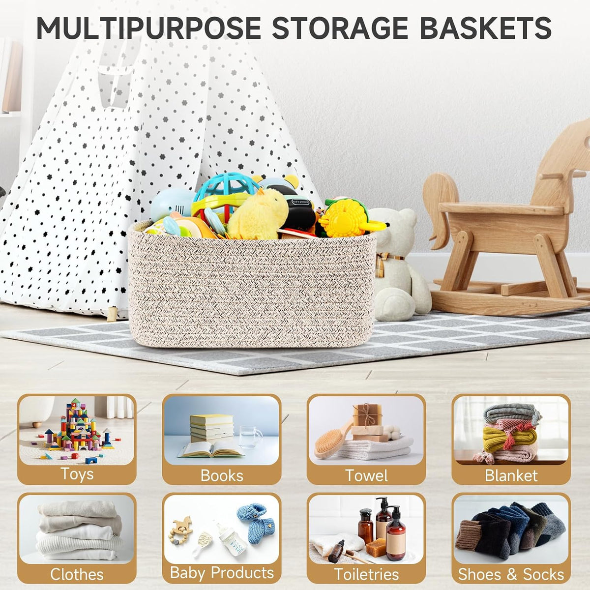 3 Pack Small Storage Baskets for Organizing, 11.8×7.8×5.1", Mixed Brown | Woven Baskets for shelves, Cotton Rope Basket for Gifts Empty, Closet Organizer Bins with Handles, Cube Decorative Box