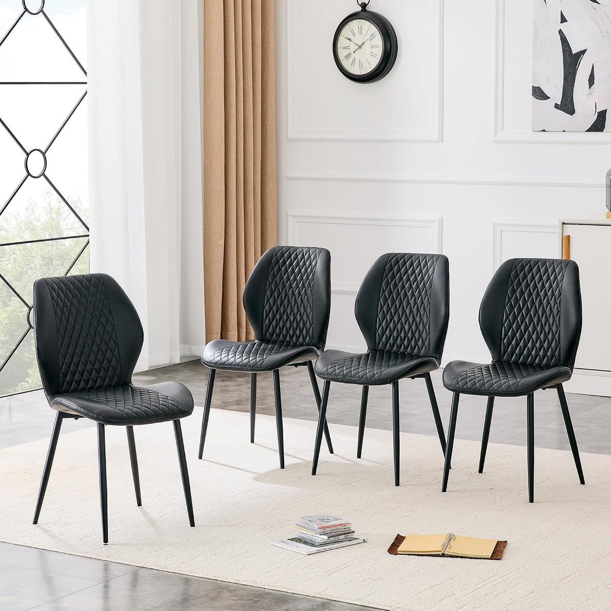 Dining Chairs Set of 4, Modern Upholstered Kitchen Chairs with Curved Back, Diamond Stitching, Padded Cushion Seat and Metal Legs, Comfy Side Accent Chairs for Dining Room, Kitchen, Black