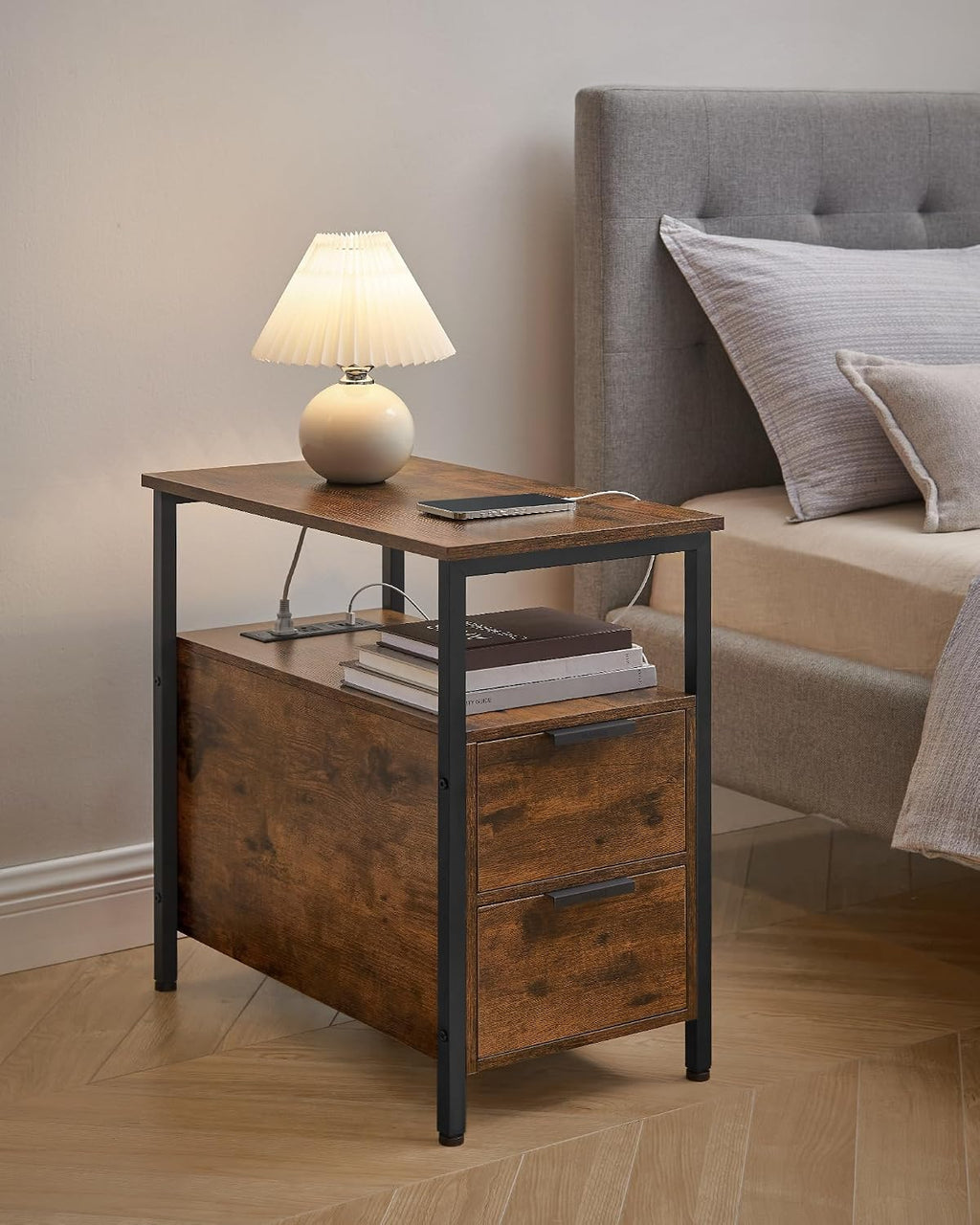 VASAGLE Side End Table with Charging Station, Slim Nightstand with 2 Drawers, Narrow Bedside Table for Living Room, Small Spaces, Rustic Brown and Ink Black ULET321B01V1S