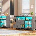 SEDETA 59" Filing Cabinet with Lock Drawers fits Legal Size for Home Office | Grey Lateral 2 Drawers File Cabinet with Acrylic Display Cabinet, Power Strip, Printer Stand with Storage Shelves for Office