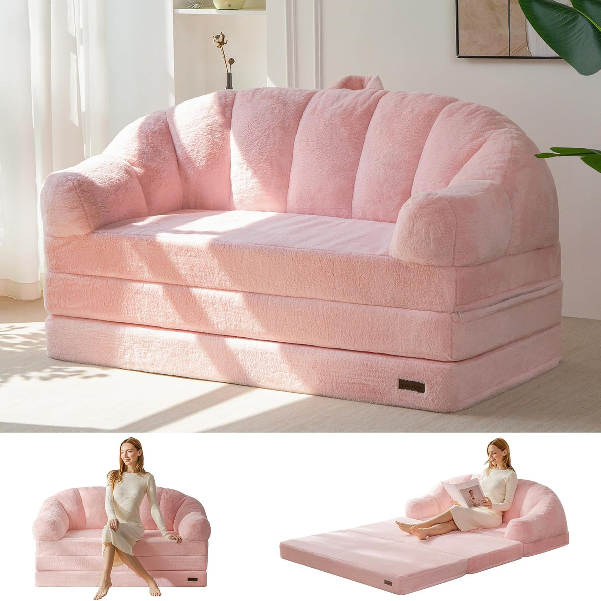 MAXYOYO Folding Sofa Bed, 2 in 1 Convertible Sofa to Lounger | Comfy Loveseat Bean Bag Chair for Adults, Floor Couch with Handle, Faux Fur Couch Bed for Living Room Bedroom, Pink