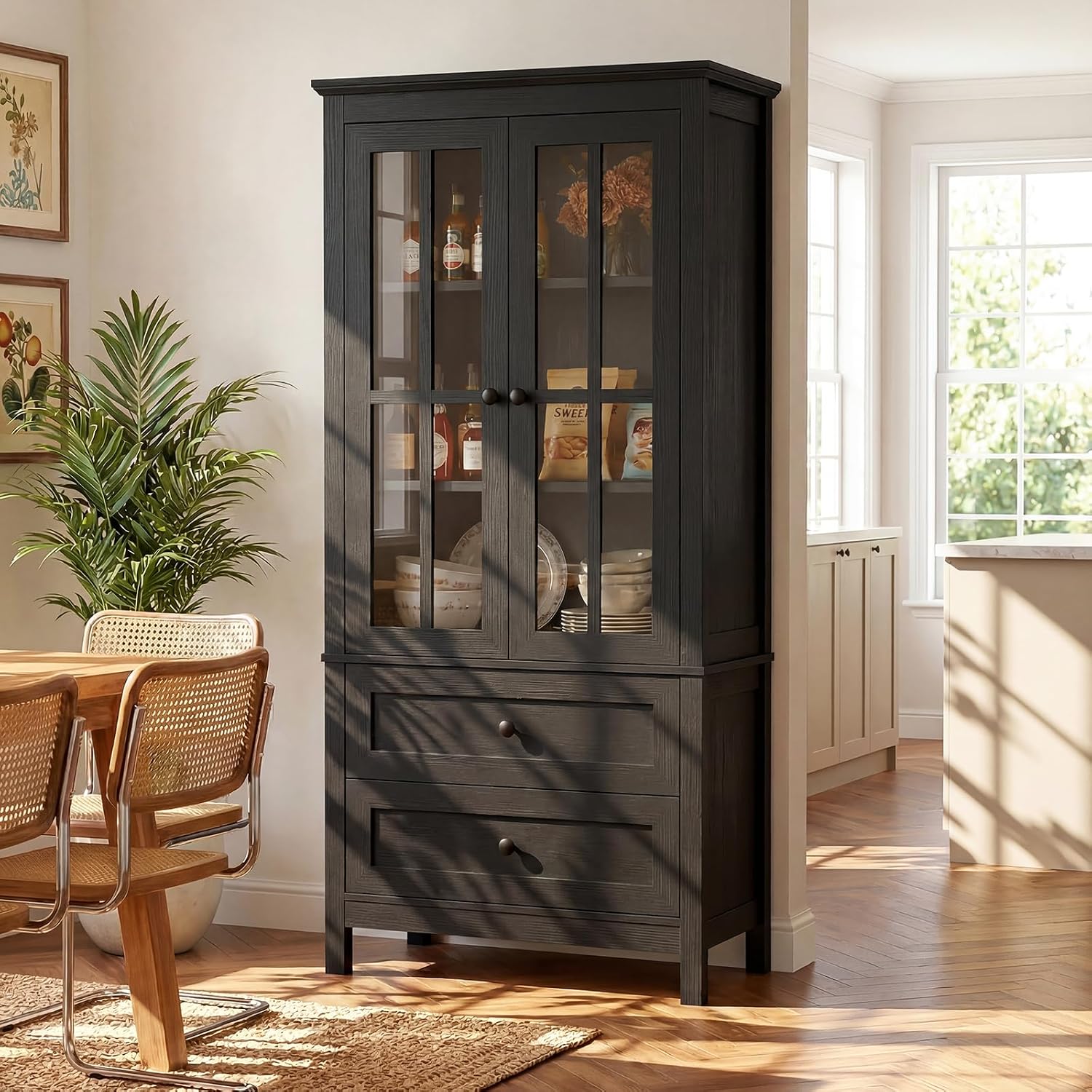 63" Kitchen Pantry Cabinet, Modern Farmhouse Storage Cabinet with Tempered Glass Doors & 2 Large Drawers, Wood Cupboard with Adjustable Shelves for Dining Room, Kitchen, Black