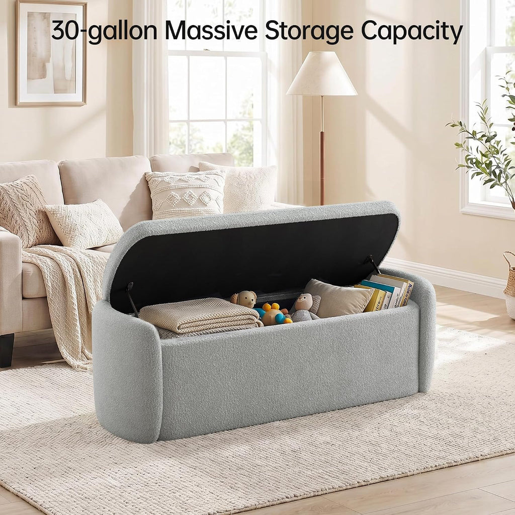 VKNOW Storage Bench, Upholstered Storage Ottoman Bench with Hinge, Grey | Ottoman Bench with Large Capacity, Curved Frame, King Size Bench, Storage Bench for Bedroom, Living Room, Entryway, Window
