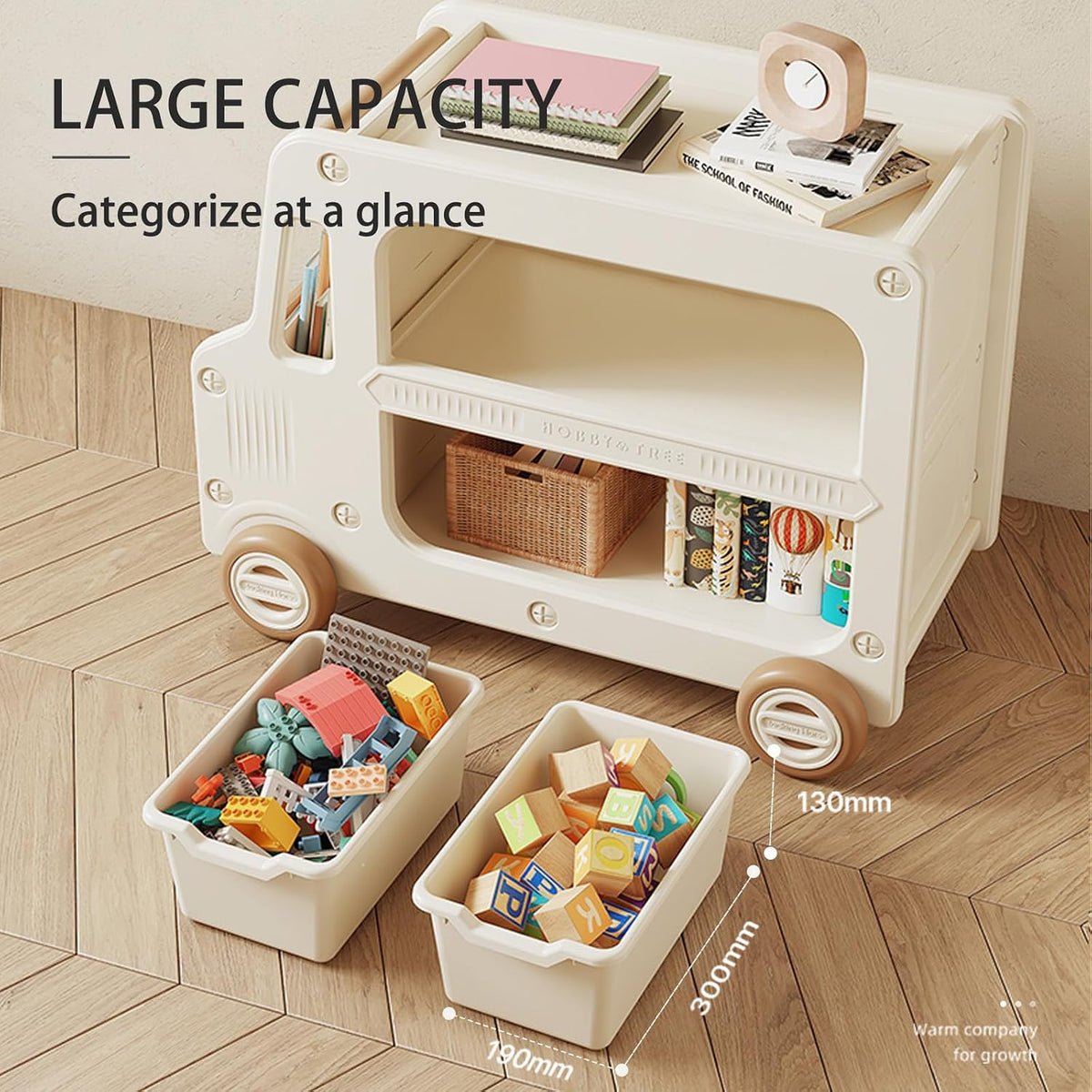 Kids Toy Storage Box and Bookshelf Rolling Bus for Living Room | Nursery/Playroom Organization,Bedroom Organizer,Baby Over 2 Years,Toy Chest, 2 Layers,Small Space, HDPE Plastic,Low Profile