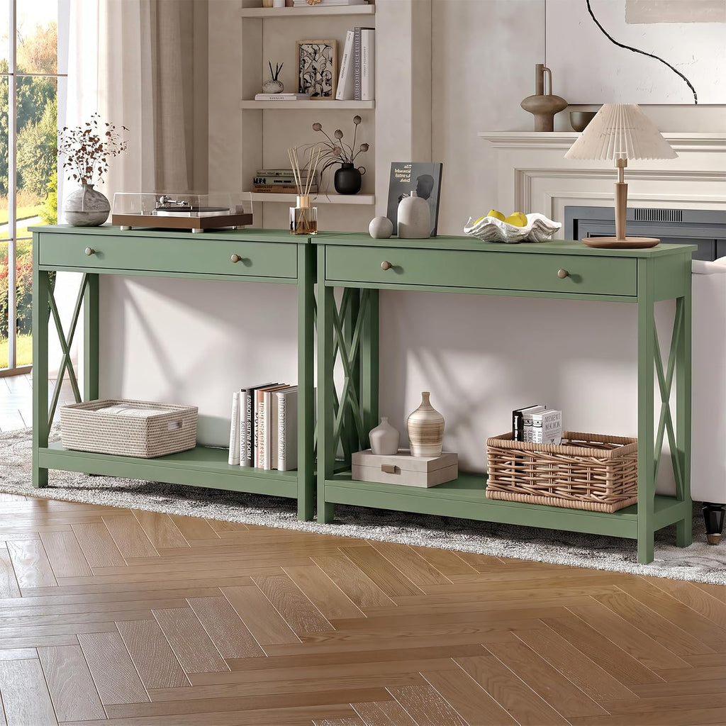 Treocho 40" Farmhouse Console Table with Drawer and Storage Shelves | Entryway, Living Room, Hallway, Antique, Green
