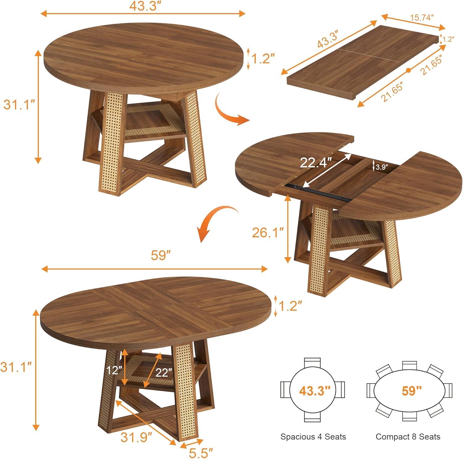 43"-59" Extendable Round Dining Table for 4-8, Transformer Oval Modern Kitchen Table with Removable Leaves Space Saving, Wood Dining Room Table with Storage Shelf for Kitchen, Walnut, Cross Leg