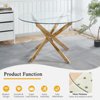 Round Glass Dining Table Set for 4, Small Kitchen Table Set for 4, 47" Circle Gold Glass Table and Chairs Set of 4,5 Piece Round Dining Room Table Set w/Beige Velvet Chairs for Breakfast Dinette Cafe