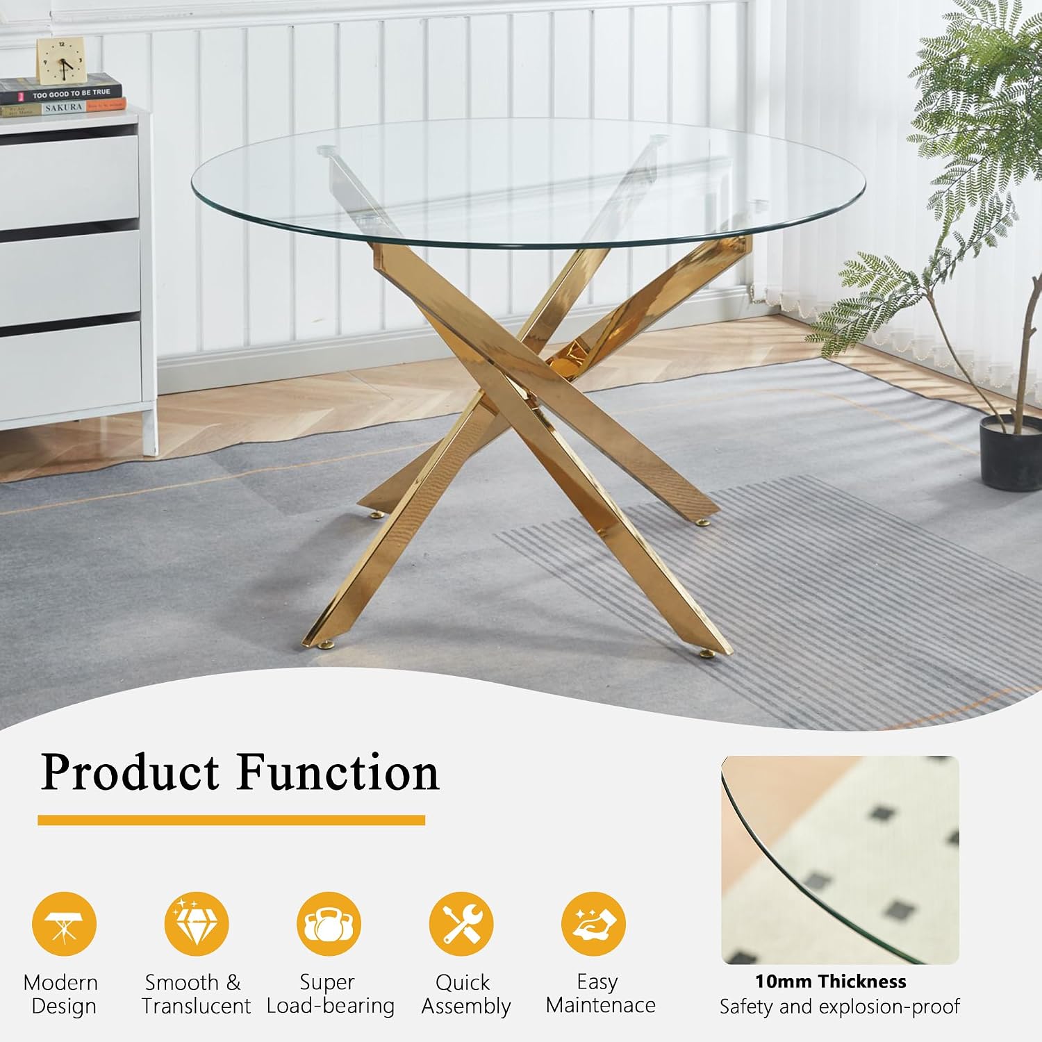Round Glass Dining Table Set for 4, Small Kitchen Table Set for 4, 47" Circle Gold Glass Table and Chairs Set of 4,5 Piece Round Dining Room Table Set w/Beige Velvet Chairs for Breakfast Dinette Cafe