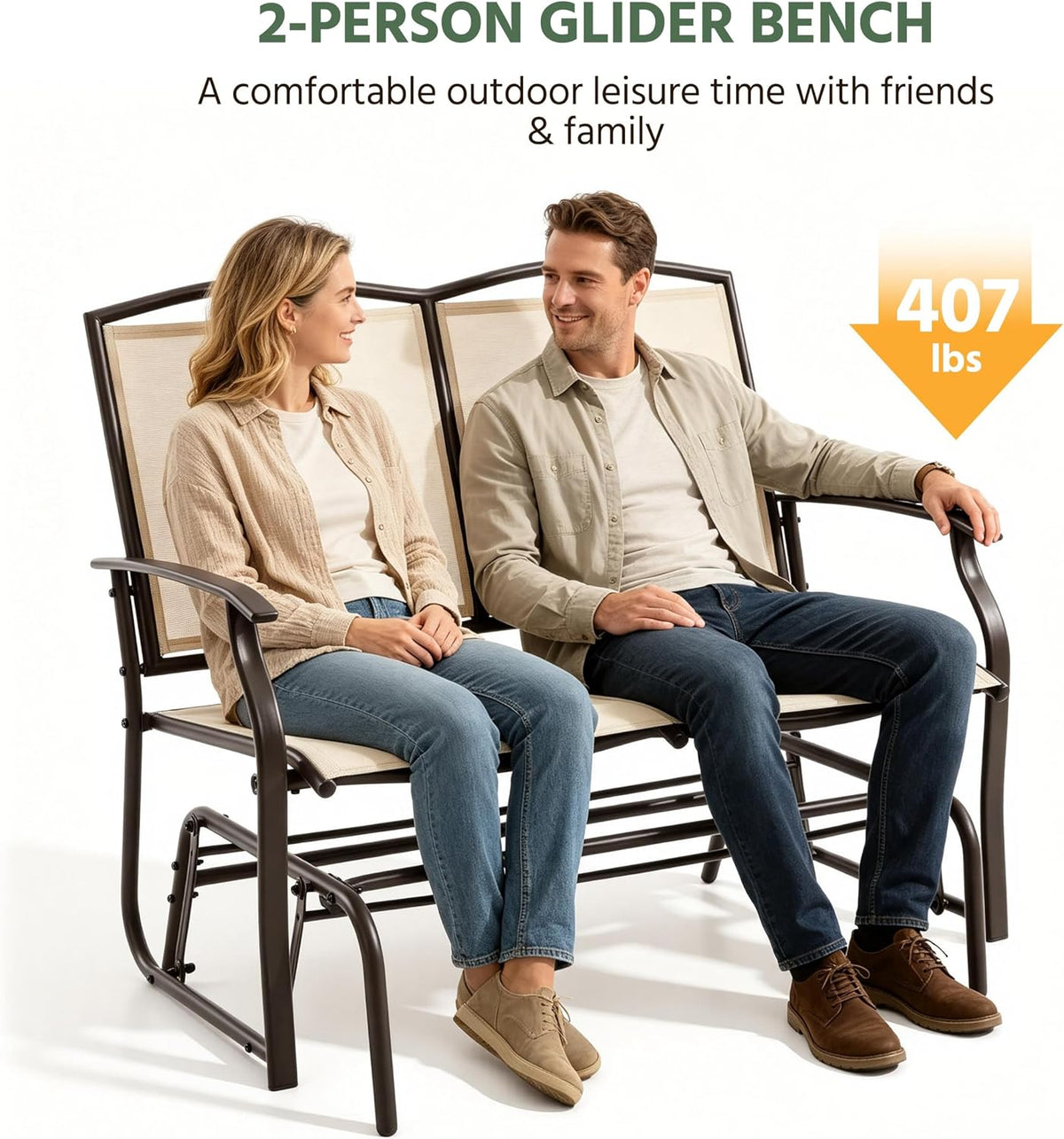 Yaheetech Glider Bench for Outside Patio 2-Person Outdoor Loveseat,Beige | Front Porch Bench and Patio Glider with Heavy-Duty Steel Frame for Backyard Poolside Garden and Smooth Gliding Motion for Two