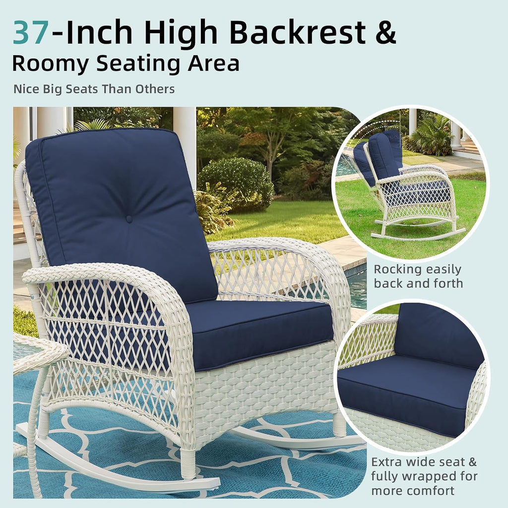 MEETWARM Outdoor Wicker Rocking Chairs Set of 2, Rattan Patio Rocker Chairs with Thick Cushions and High Back, All-Weather Patio Wicker Chair with Safe Rocking Design for Garden, Cream White/Navy