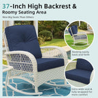 MEETWARM Outdoor Wicker Rocking Chairs Set of 2, Rattan Patio Rocker Chairs with Thick Cushions and High Back, All-Weather Patio Wicker Chair with Safe Rocking Design for Garden, Cream White/Navy