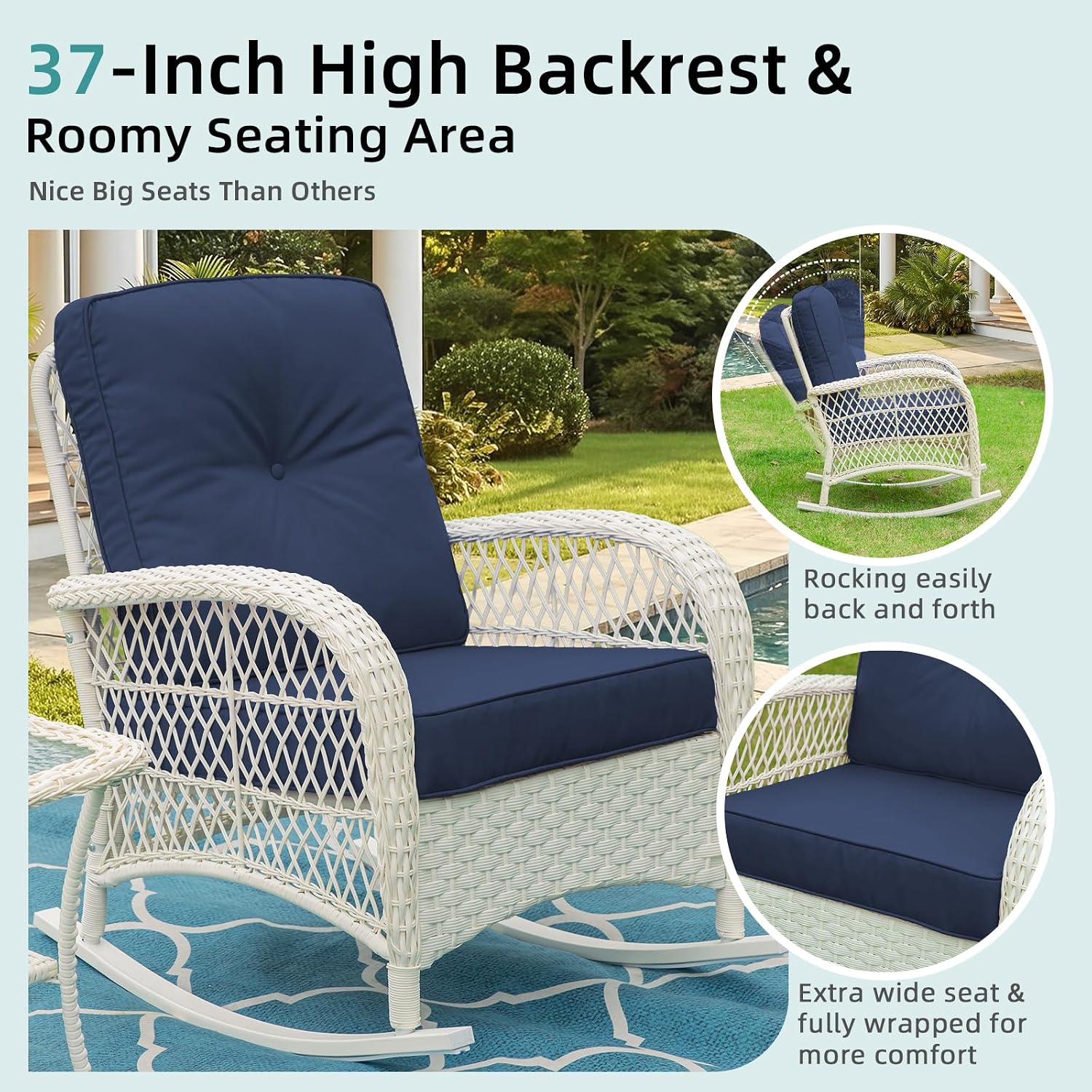 MEETWARM Outdoor Wicker Rocking Chairs Set of 2, Rattan Patio Rocker Chairs with Thick Cushions and High Back, All-Weather Patio Wicker Chair with Safe Rocking Design for Garden, Cream White/Navy