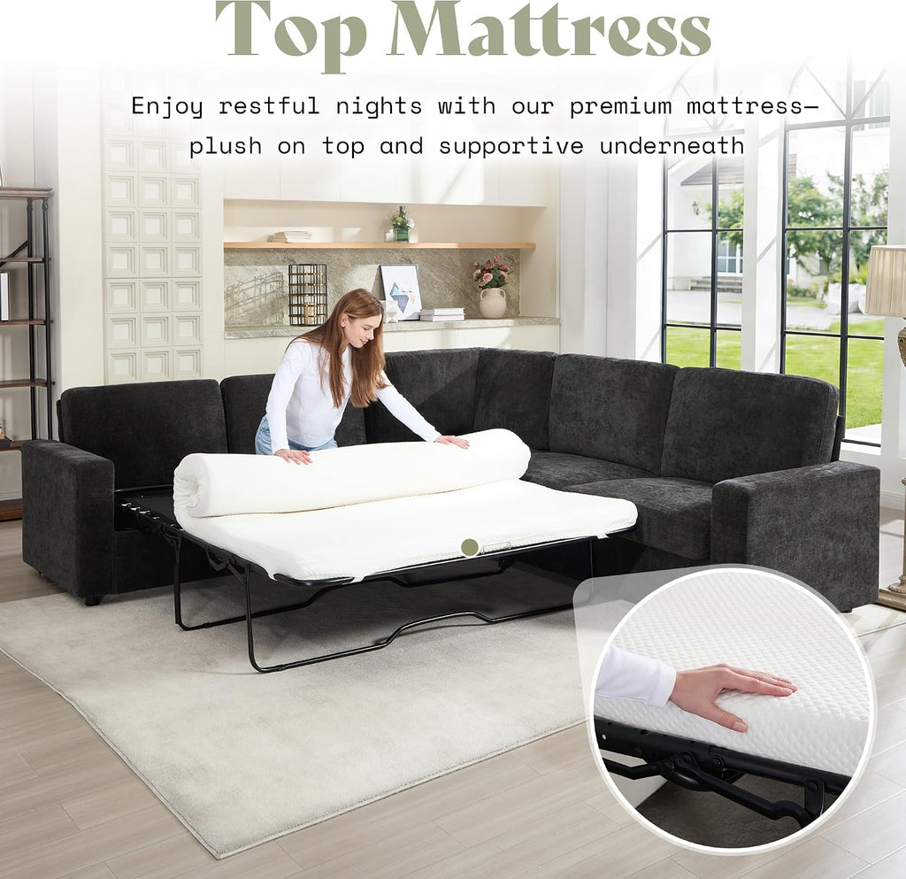 AMERLIFE 106" Sofa Bed, Couch with Pull Out Bed with Storage-Chenille Gray | Pull Out Couch Bed with Memory Foam Mattress, Resilient Cushion, Fluffy Backrest, Queen Size Sofa Bed for Living Room