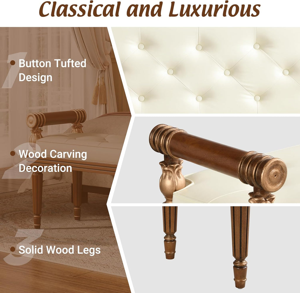 Christopher Knight Home Yae Luxurious PU Leather Upholstered End of Bed Ottoman, Wooden Living Room Ottoman Bench with Fluted Legs/Cylindrical Arm, Long Entryway Bench with Button Tufting, Brown+Beige