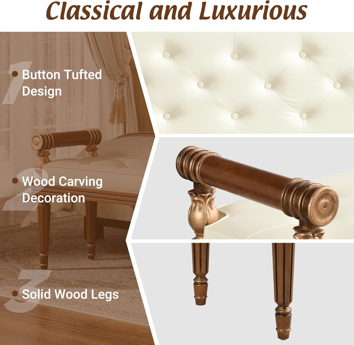 Christopher Knight Home Yae Luxurious PU Leather Upholstered End of Bed Ottoman, Wooden Living Room Ottoman Bench with Fluted Legs/Cylindrical Arm, Long Entryway Bench with Button Tufting, Brown+Beige