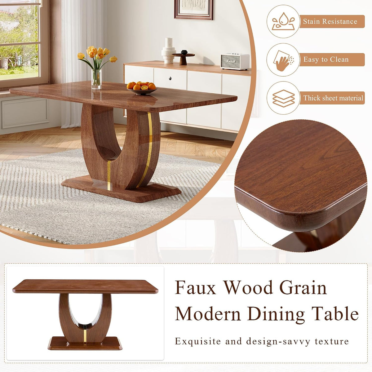 63" Wooden Dining Table for 4-6 People, Modern Farmhouse Kitchen Table with U-Shaped Legs, Rectangular Walnut Wood Dinner Table for Dining Room, Living Room, Home Office