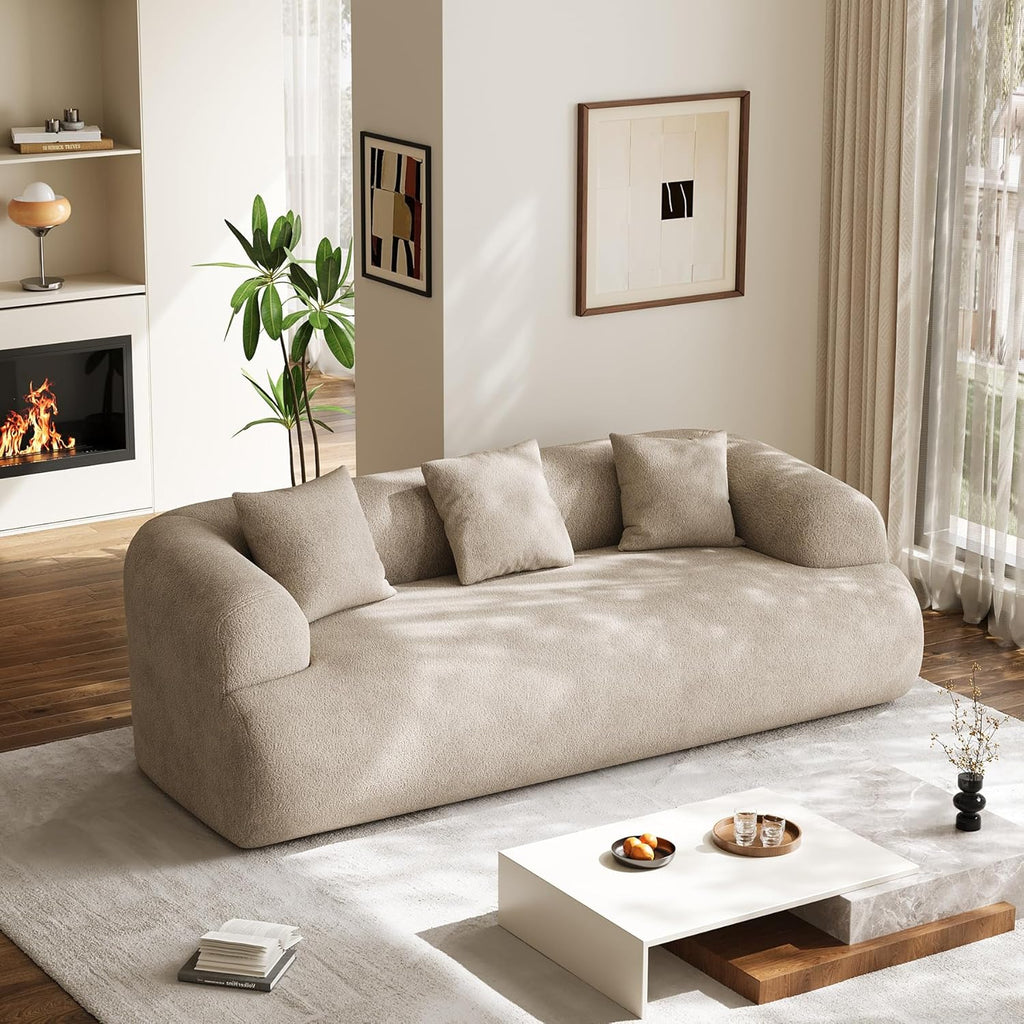 91" Couch,Cloud Couch,Chenille Curved Sofa with 3 Seater and 3 Pillows, Modern Compression Sofa for Living Room, Bedroom and Apartment, No Assembly Required, Light Brown