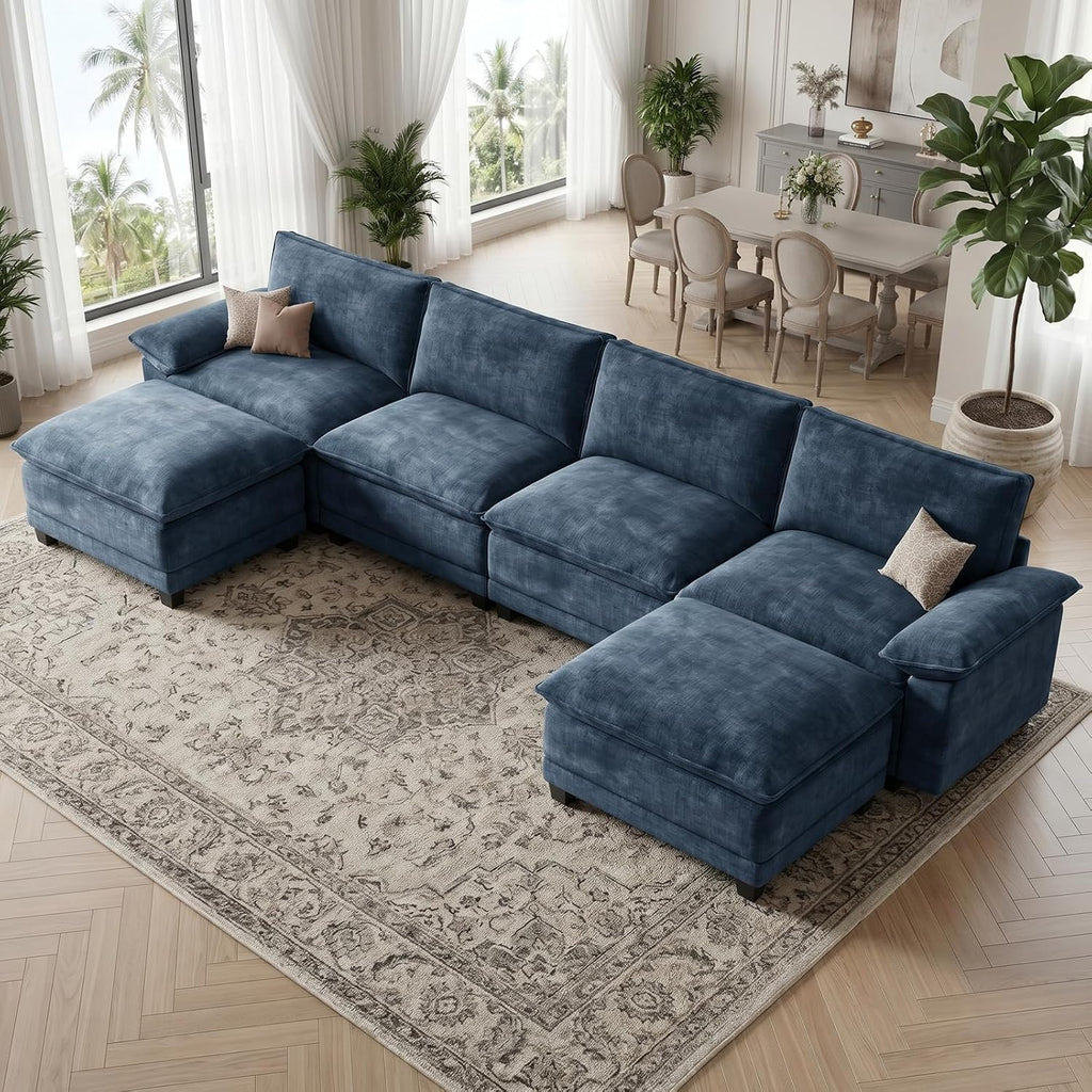 140" Modular Sectional Couch, U Shaped Cloud Sofa for Living Room | Comfortable Foam Cushions, Sturdy Frame, Appealing Appearance, Easy Assembly, Soft Chenille, Modular Design, Blue