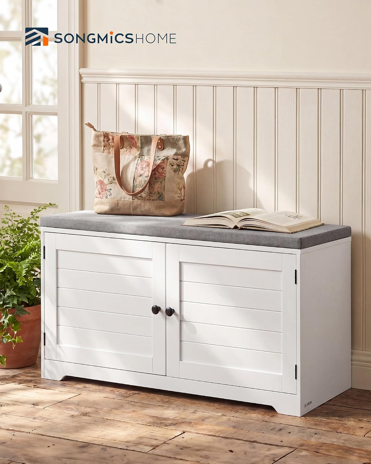 SONGMICS HOME 3-Tier Entryway Bench, Shoe Bench with Padded Seat, for Hallway, Bedroom, 14.2 x 40 x 20.9 Inches, White and Gray