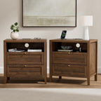 Farmhouse End Table with 2 Drawers Set of 2, Wooden Nightstand with Open Storage Cable Hole Freestanding Wide Bedside Table for Bedroom Living Room Sofa, Brown