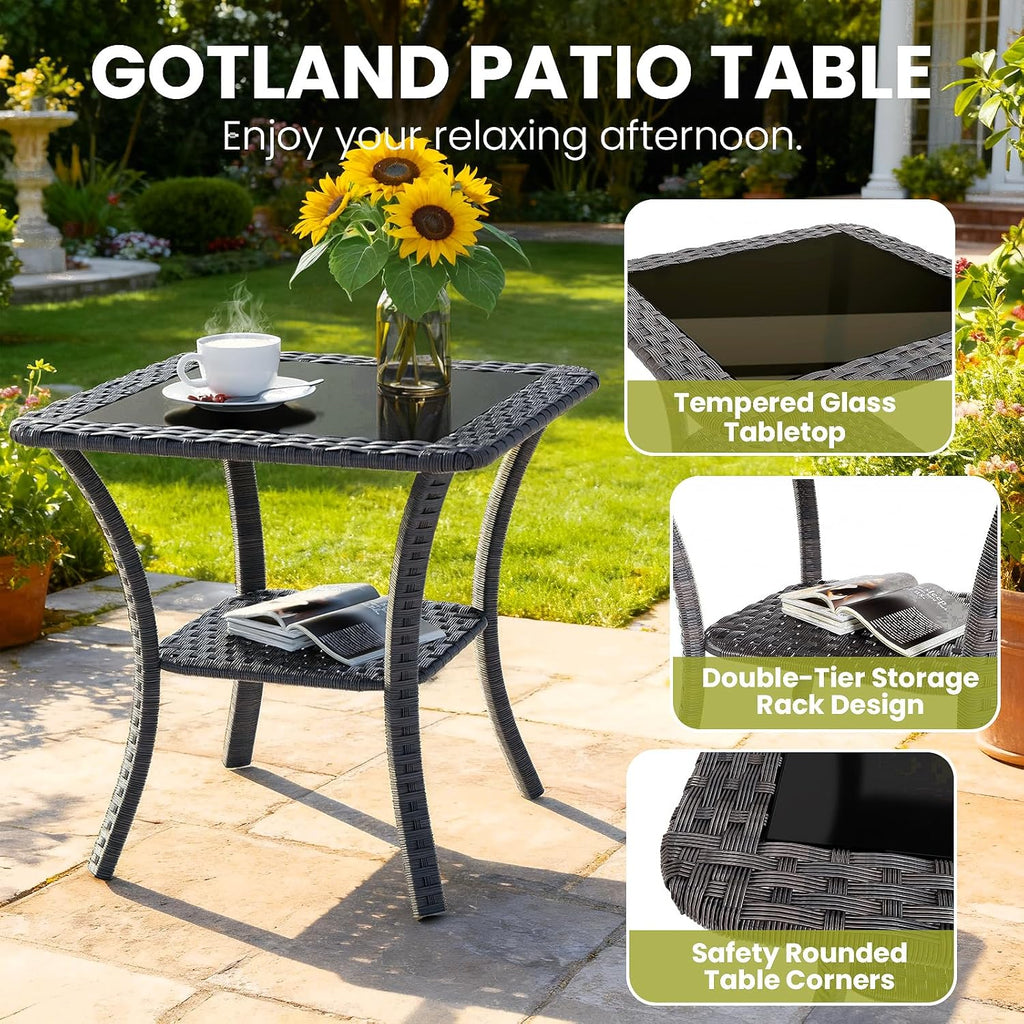 Gotland Outdoor Swivel Chairs Set of 2, 3 Pieces Patio Furniture Set with Thick Cushion, Wicker Rocking Patio Chairs Set of 2, Patio Bistro Set with Double-Layer Coffee Table for Balcony Porch Khaki