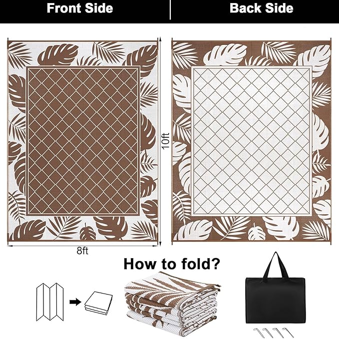Ileading Outdoor Rug Carpet for Patio 8'x10' Waterproof Reversible Plastic Straw Rug Portable Outside Area Rug Camping Mat for Patio, Clearance, Balcony, Picnic, Pool, Beach, RV, Deck, Brown
