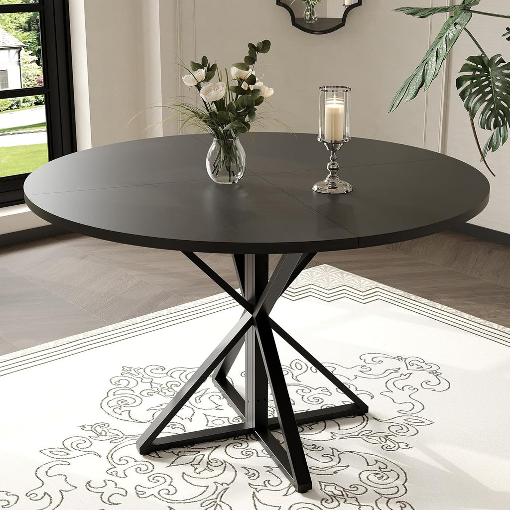 IDEALHOUSE 47 Inch Round Dining Table for 4, Farmhouse Kitchen Table with Metal K-Base, Black Circle Wood Table for Dining Room, Kitchen, Apartment & Living Room (Table Only)