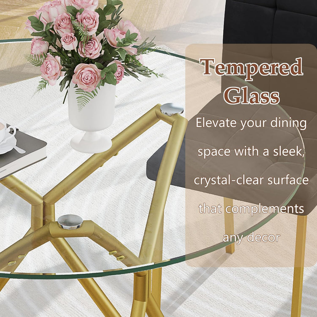 5-Piece Dining Table Set with 4 Black Chairs, 36" Round Dining Table & Chairs Set for 4, Circle Kitchen Table with Gold Metal Frame & Tempered Glass Top, Perfect for Small Space