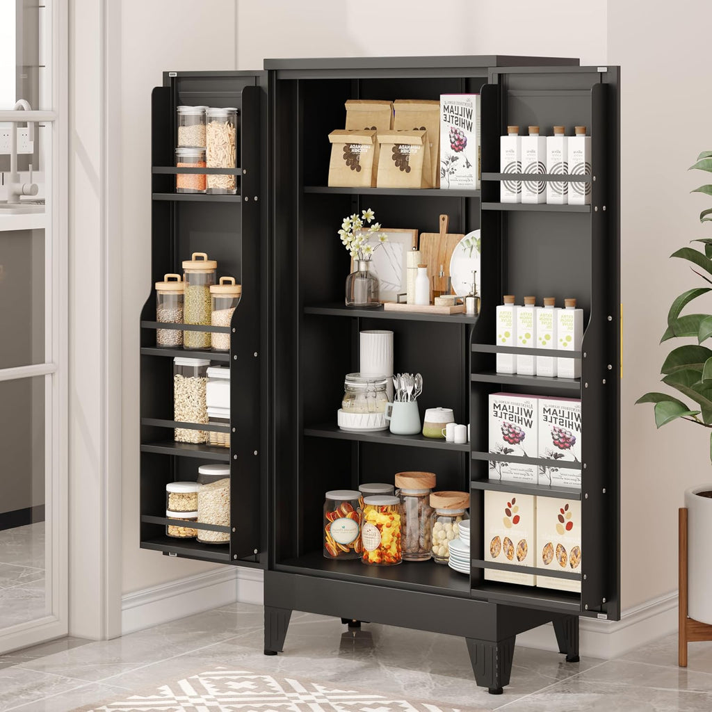 pozdeg 47.24" Kitchen Pantry Cabinet, Metal Food Pantry Storage Cupboard with 2 Doors and 3 Adjustable Shelves, Freestanding Buffet Sideboard for Kitchen, Dining Room, Living Room and Bathroom